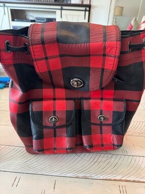 Coach Used Red and Black Plaid Bucket Backpack